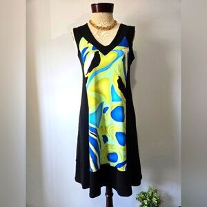 EVA VARRO Black Panel Midi Dress With Blue/ Green/ Yellow Print. Size Medium